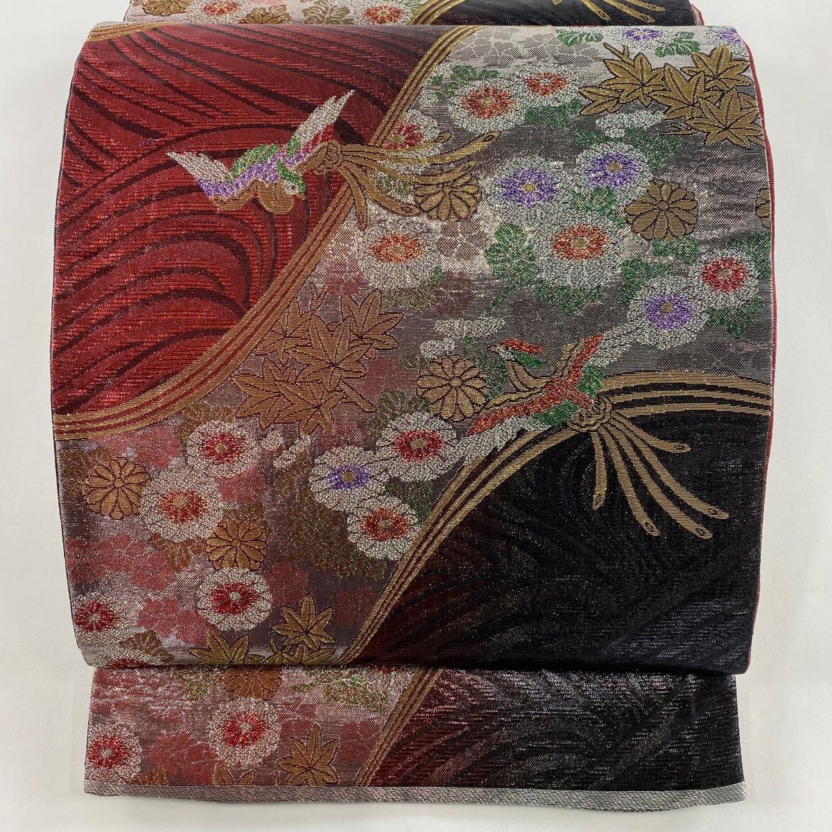 袋帯 秀品 鳳凰 菊 金銀糸 箔 赤 六通 正絹