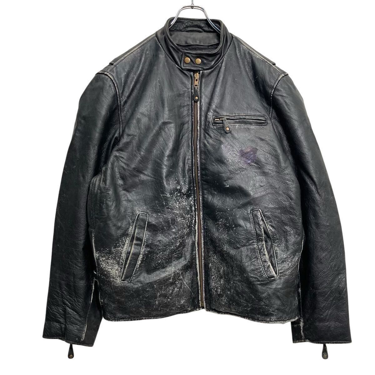 BIKER TEAM レザージャケット XL ブラック ビッグサイズ バイク シングル ライダース 防寒 古着卸 アメリカ仕入 a612-6023