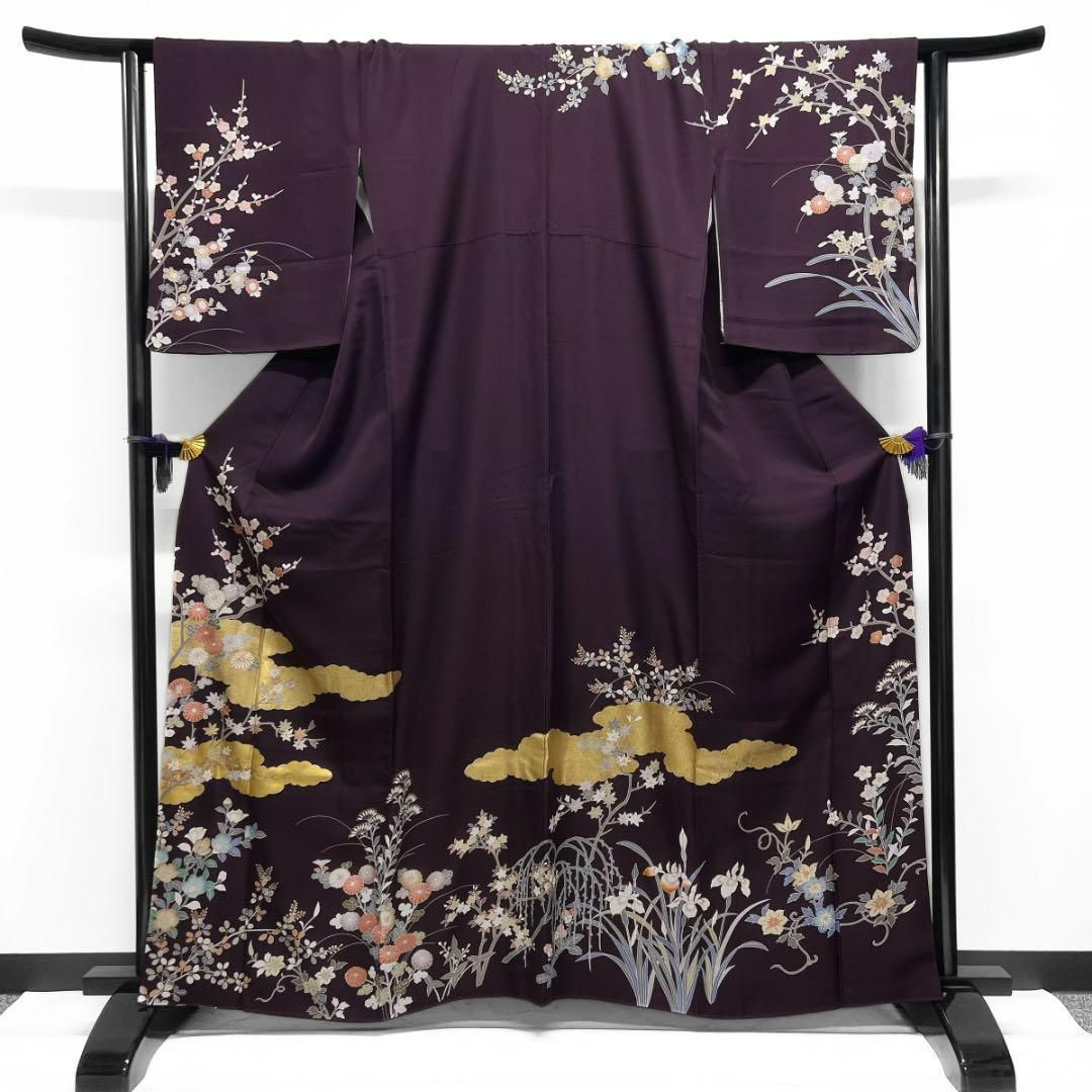 訪問着 金駒刺繍 金彩 菊 牡丹 梅 椿 鉄線 パープル 着物 092w d 訪問着 金駒刺繍 金彩 菊 牡丹 梅 椿 鉄線 パープル 着物 092w d
