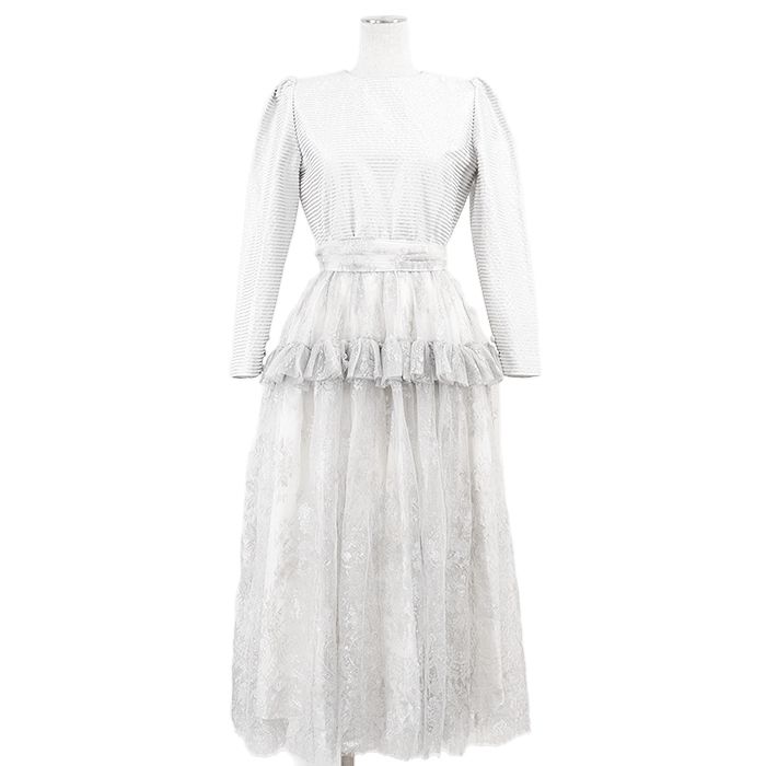 ヴィンテージ Christian Dior クリスチャンディオール ロングワンピース BOUTIQUE ブティック レース ＆ チュール コンビネーション ロングスリーブ 長袖 バックボタン ウール混 ドレス ベルト付属 レディース サイズ表記不明 銀系