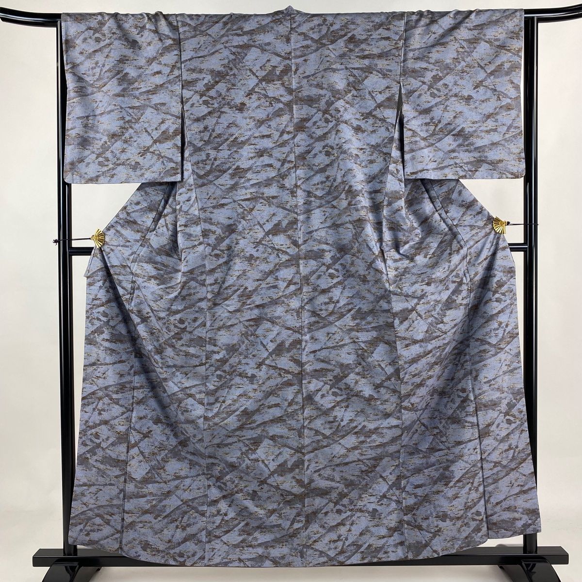 紬 身丈164cm 裄丈65cm M 袷 市松 絣柄 灰白 正絹 名品 【中古】（紬  