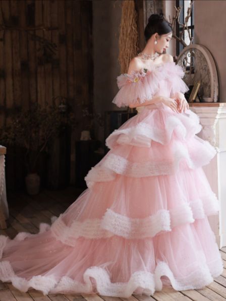 ピンク ワンショルダードレス 花飾り ケーキライン 感 ウェディング フォト パーティー ステージ イブニングドレス レディース 結婚式