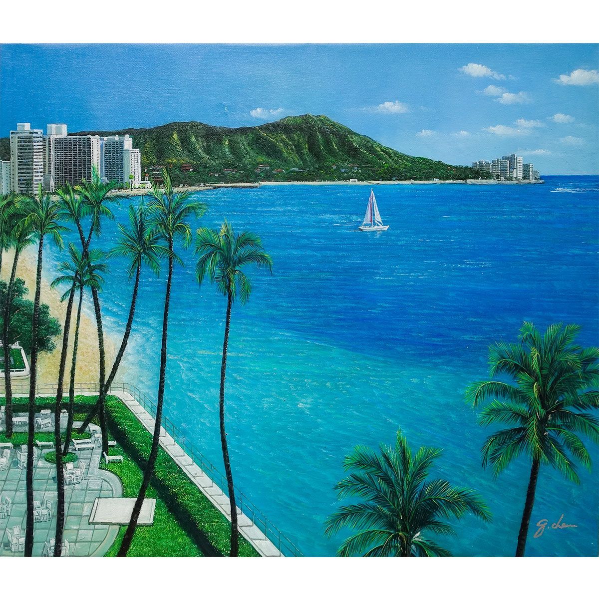 油彩画 「ワイキキの記憶」 F10号 額入り 油絵 額装画 風景画