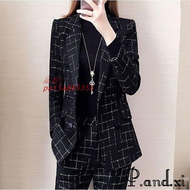 レディースファッション ブラック フォーマル スーツ レディース チェック柄 40代 30代 通勤 パンツスーツ 2点セット OL オフィススーツ pai5a865355