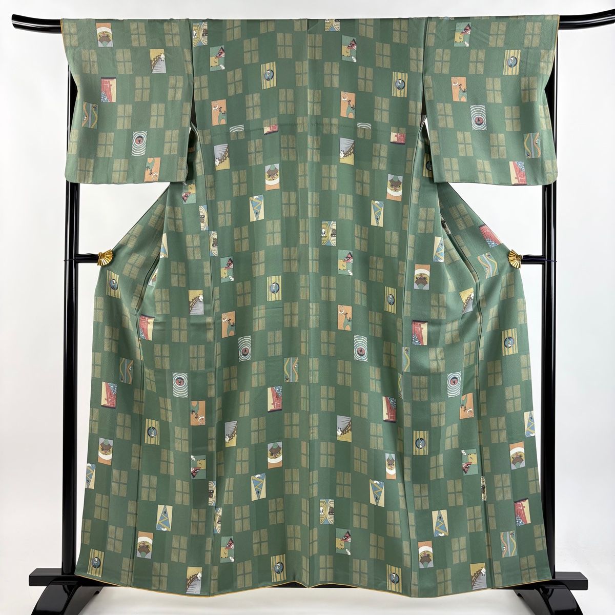 小紋 身丈159cm 裄丈67cm M 袷 昔話 変わり市松 緑 正絹 秀品
