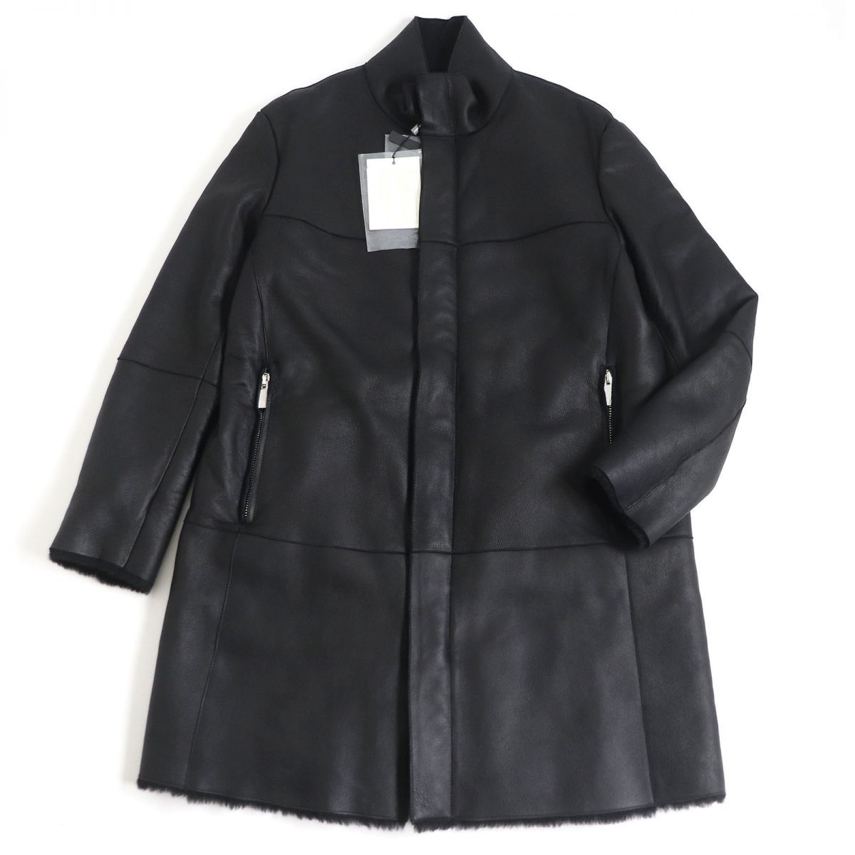 ジョルジオアルマーニラムレザーロングコートスタンドカラー黒52