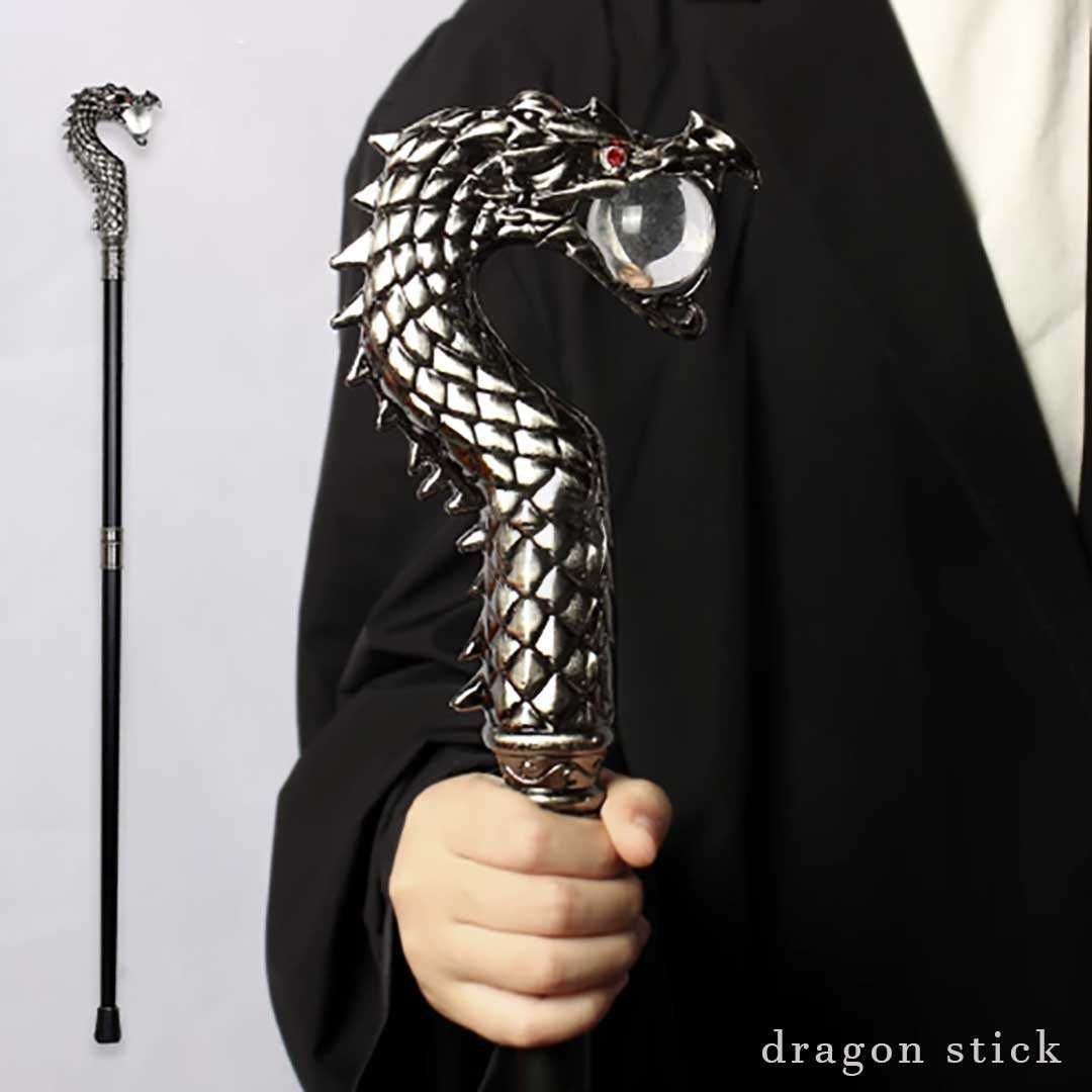 杖 龍 水晶を咥える龍 シルバー ステッキ ドラゴン つえ おしゃれ 高級 銀 男性 女性 金属