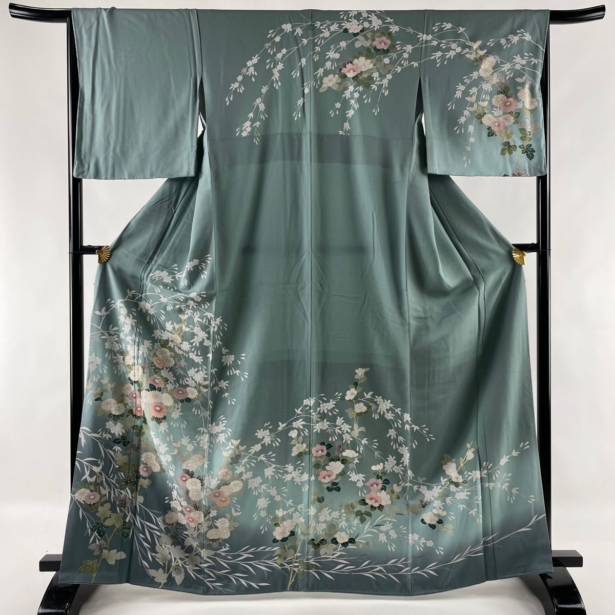 訪問着 美品 秀品 草花 桜 金彩 ぼかし 青灰色 袷 身丈165.5cm 裄丈