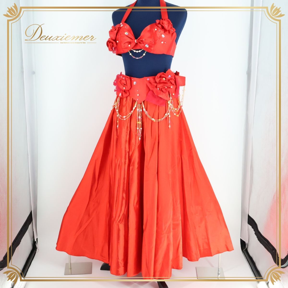 【ベリーダンス用 オリエンタル衣装】レッド ビジュー＆ラメ多数 セットアップ ベリーダンス用 オリエンタル衣装】レッド ビジュー＆ラメ多数