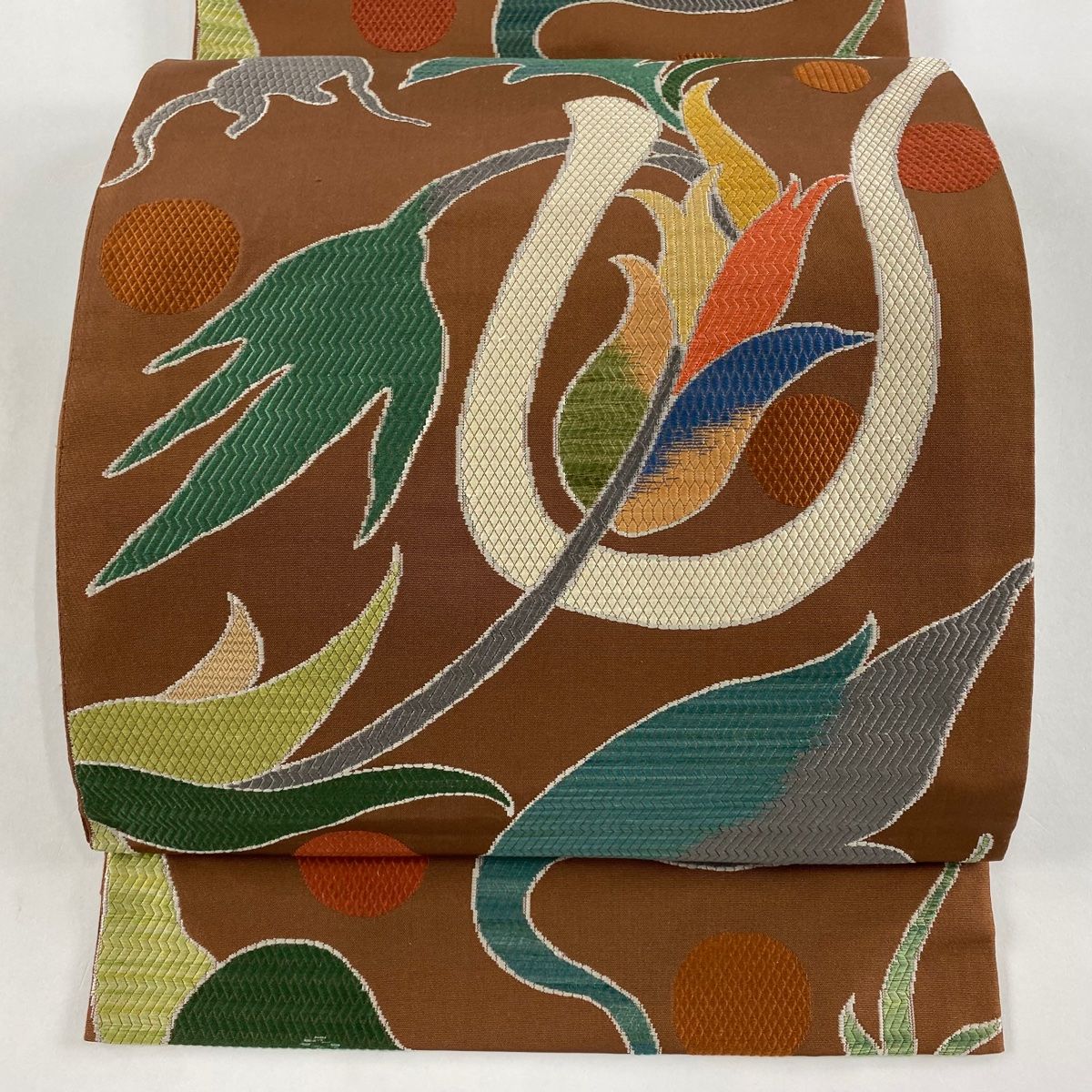 袋帯 洛風林 落款 花唐草 刺繍 茶色 全通 正絹