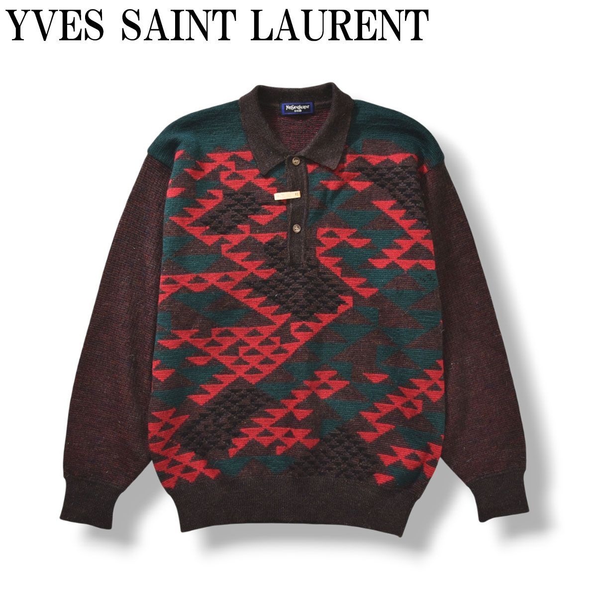 90sヴィンテージ イヴサンローラン YVES SAINT LAURENT 襟付き ネイティブ柄 ウール ニット セーター 総柄 デザイン M メンズ