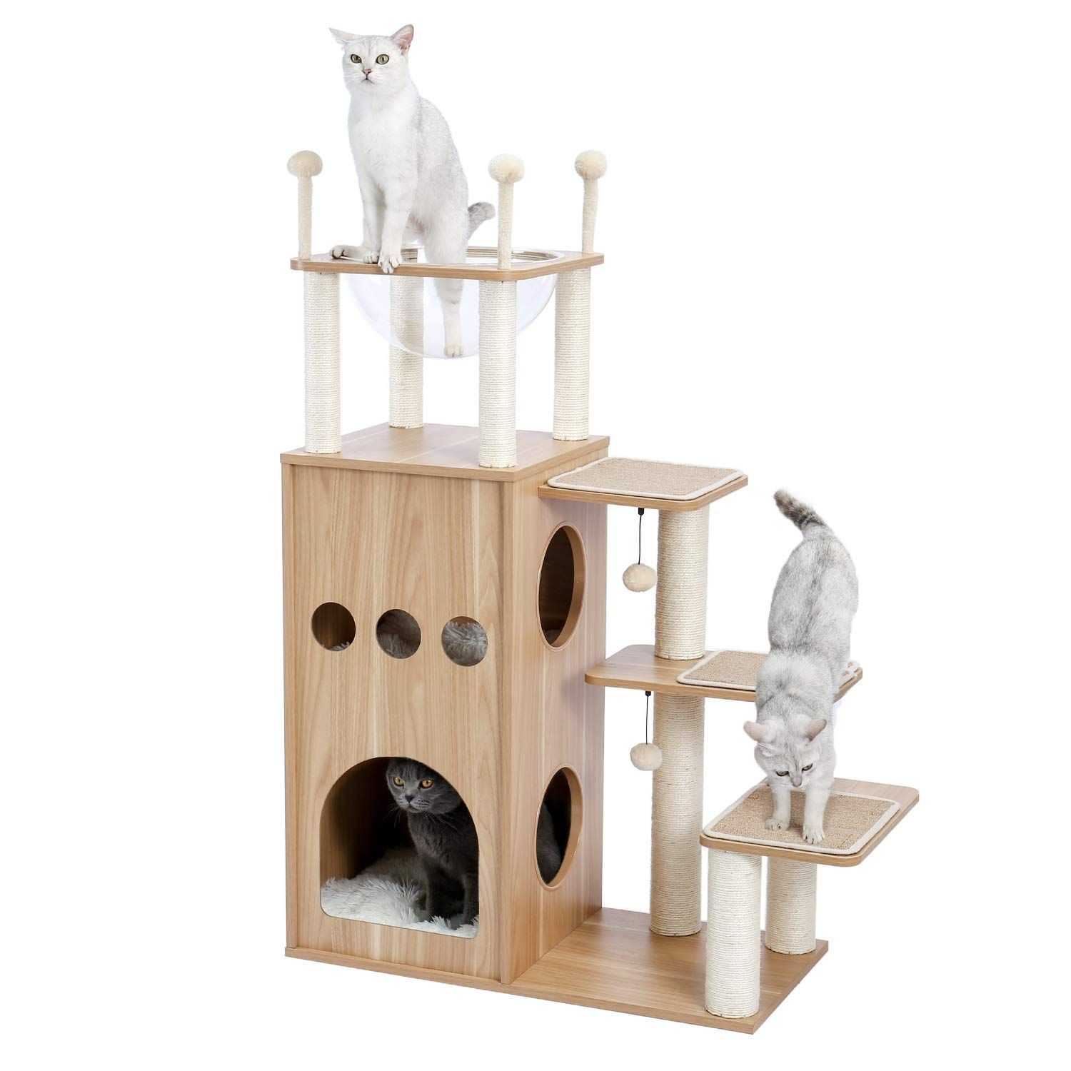 新着商品 多頭飼い 運動不足解消 猫ハウス 透明ハンモック 頑丈耐久 猫タワー 据え置き お手入れ簡単 天然麻紐 中敷クッション付き 爪とぎポール 爪研ぎ - 大型猫 宇宙船 ベージュ 木製 キャットタワー 130cm PETEPELAぺテぺラ