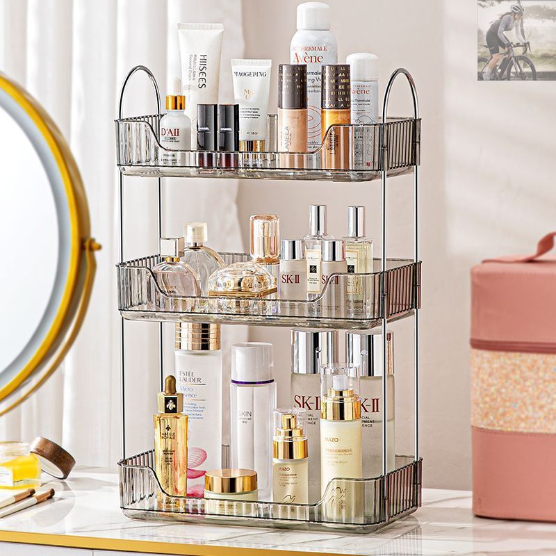 収納ラック コスメラック テーブル用 3段 半透明 長方形 おしゃれ カラーバリエーション クリア ゴールド グレー グリーン 多機能 リビング キッチン 寝室 バスルーム 洗面台 プラスチック 