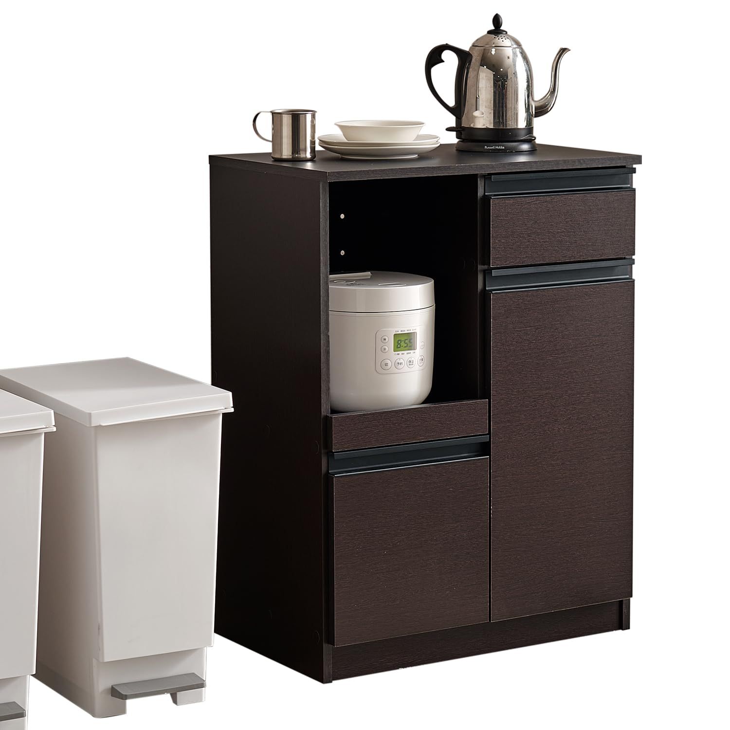 萩原 レンジボード 幅60 食器棚 キッチンラック レンジ台 作業台 大容量 ２口コンセント 扉付き ダークブラウン VKC-7142DBR