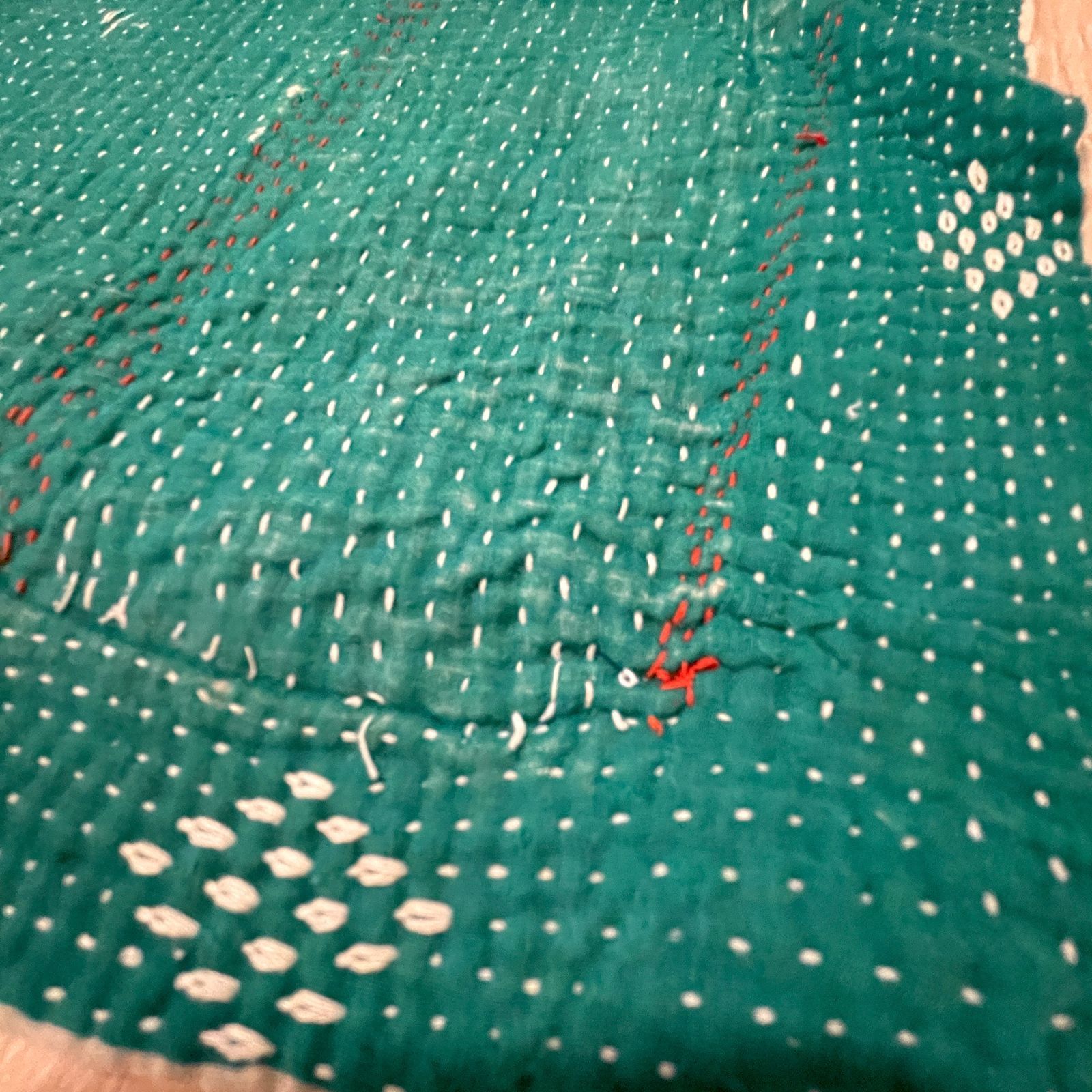 訳ありインド製ヴィンテージカンタラリーキルト グリーンマルチカバー