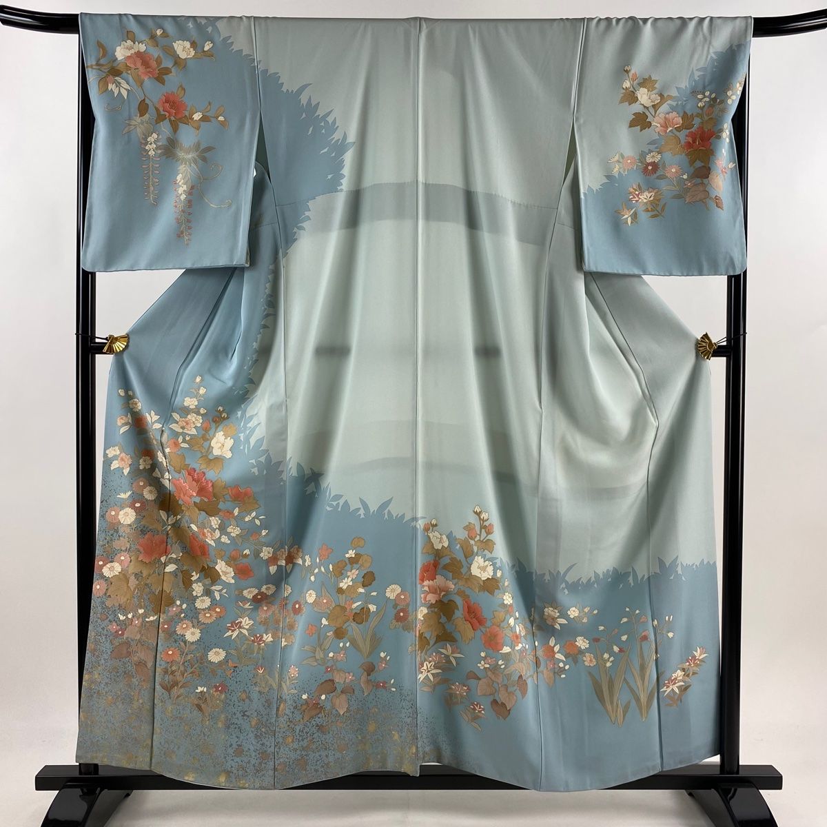 訪問着 身丈157.5cm 裄丈67cm M 袷 草花 シルエット 刺繍 金銀彩 水色 正絹 秀品