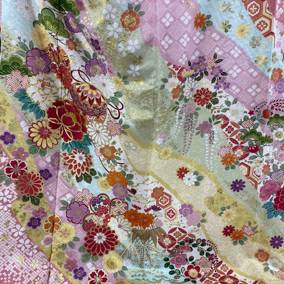 振袖フルセット身丈166.5cm 裄丈63cm 袷 袋帯 金彩 朱色 正絹 振袖 身丈169cm 裄丈66.5cm M 袷 袋帯フルセット 枝梅 流水 金糸