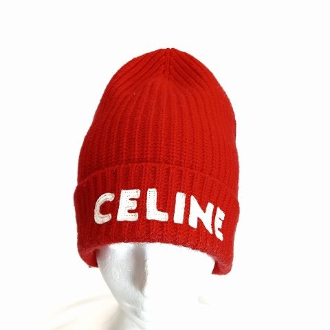 セリーヌ CELINE ウール ロゴ ビーニー ニット帽 TU 赤 レッド 帽子 AA