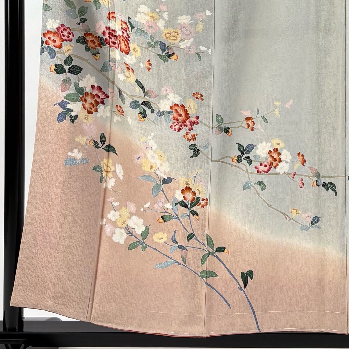 訪問着 身丈156cm 裄丈62cm S 袷 落款 枝花 ぼかし 灰緑 正絹 秀品