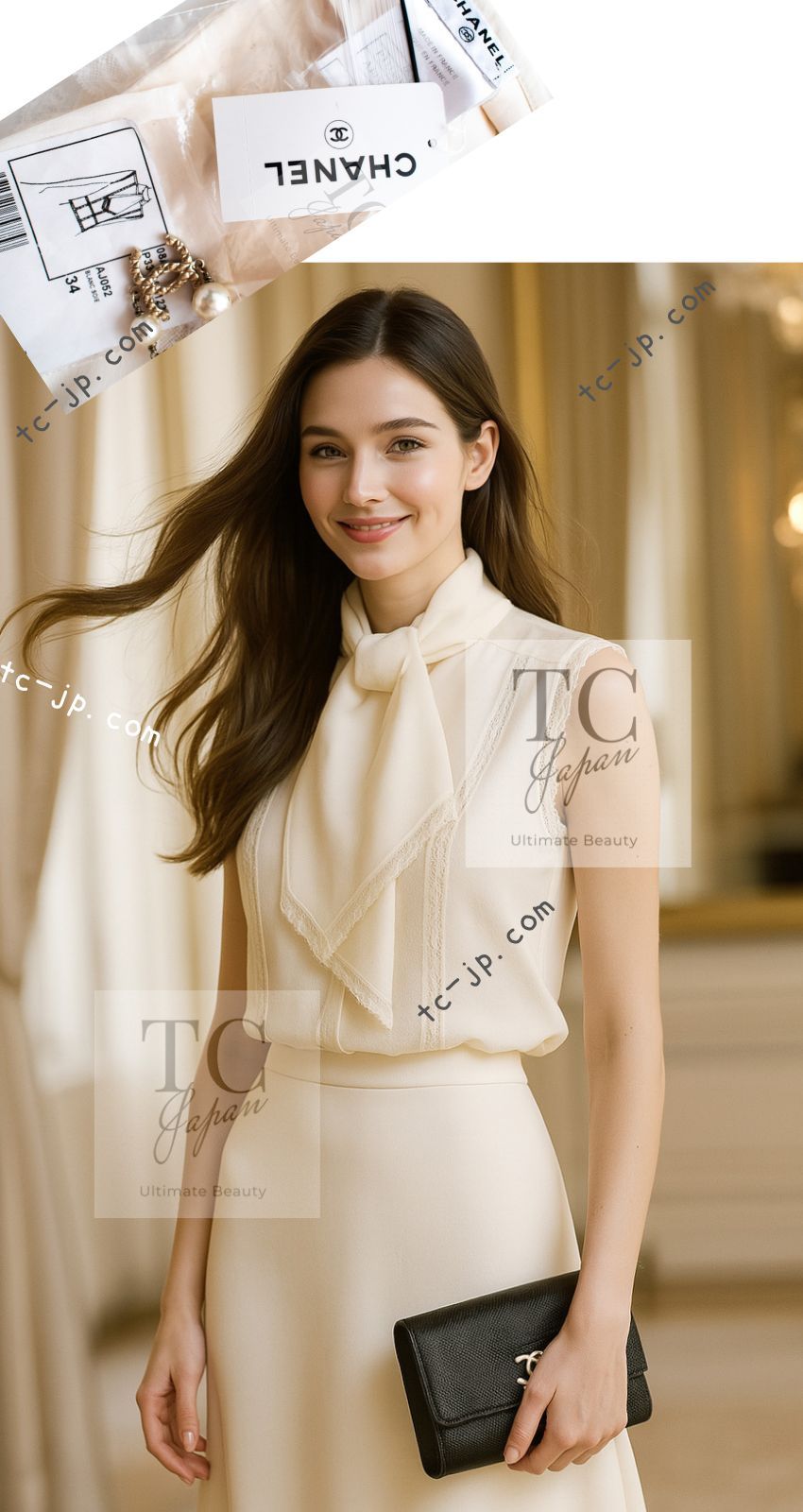 シャネル トップス ブラウス CHANEL アイボリー シルク パール ココ  