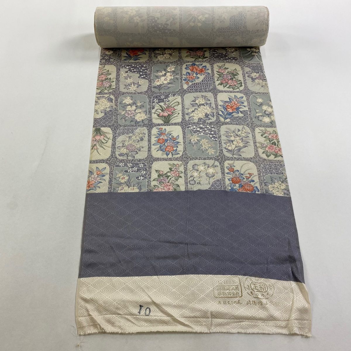 反物 秀品 小紋 草花 青海波 灰色 正絹