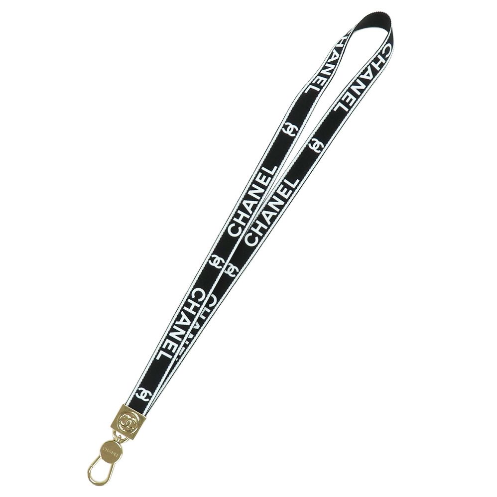 名古屋 シャネル ネックストラップ AAA911 B25P ブラック ホワイト キャンバス レザー シャンパンGD金具 小物