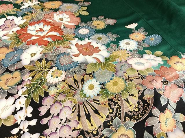 訪問着 花柄模様 金駒刺繍 金彩 KK-2234 平和屋着物□色留訪問着 駒刺繍 花車文 金彩 正絹 逸品