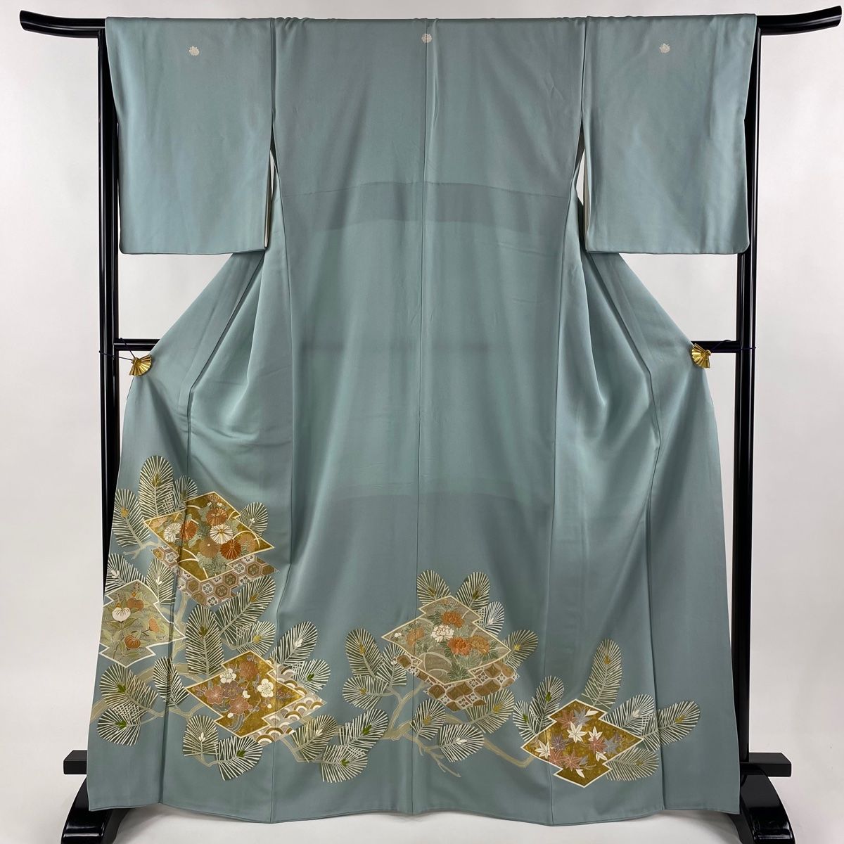 色留袖 身丈166.5cm 裄丈66cm M 袷 千總 落款 松 菊 金糸 金彩 薄緑 正絹 一つ紋