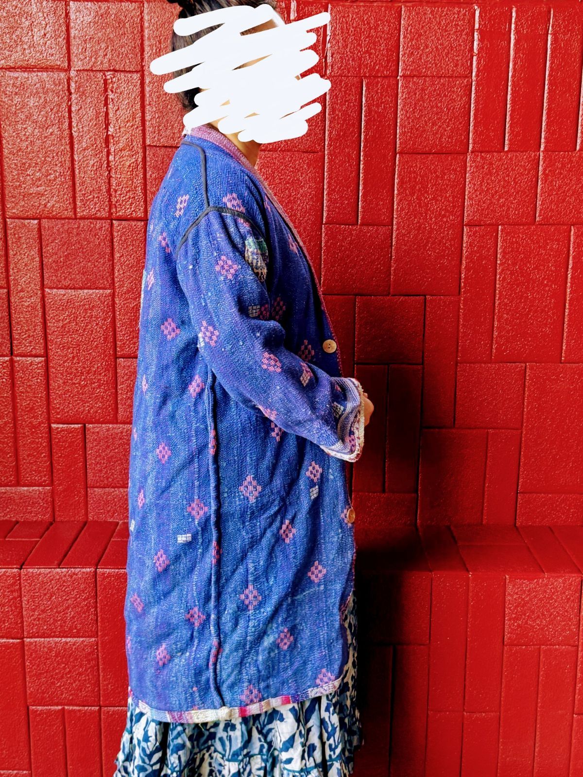 グドゥリー コート ジャケット ヴィンテージ カンタ刺繍 ボロ インド ビンテージ BORO アンティーク シャビーシック ラリーキルト 手縫い 刺し子 ハンドメイド パープル ピンク グリーン ブルー 青紫 WWW_MORNINGWALKER_COM