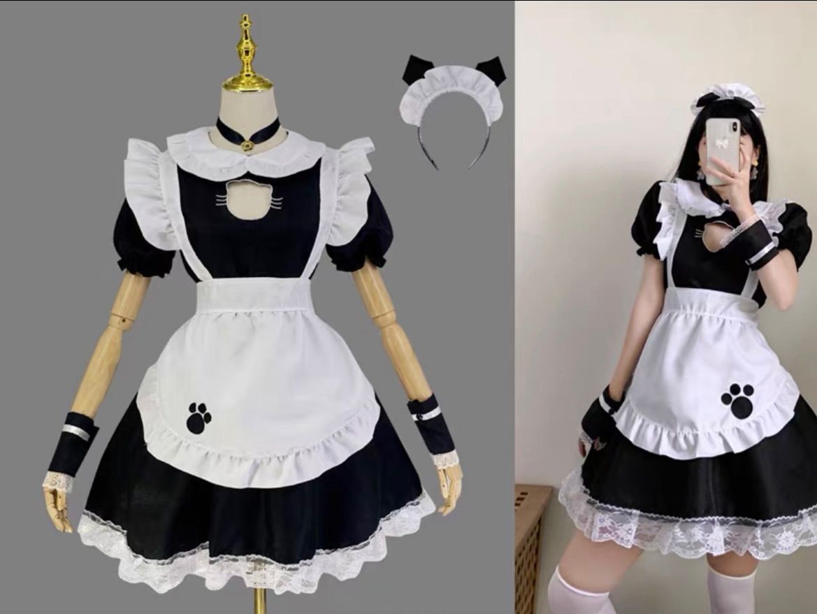 Mサイズ】メイド服 コスプレ 衣装 ロリータ かわいい 胸開き 6点セット