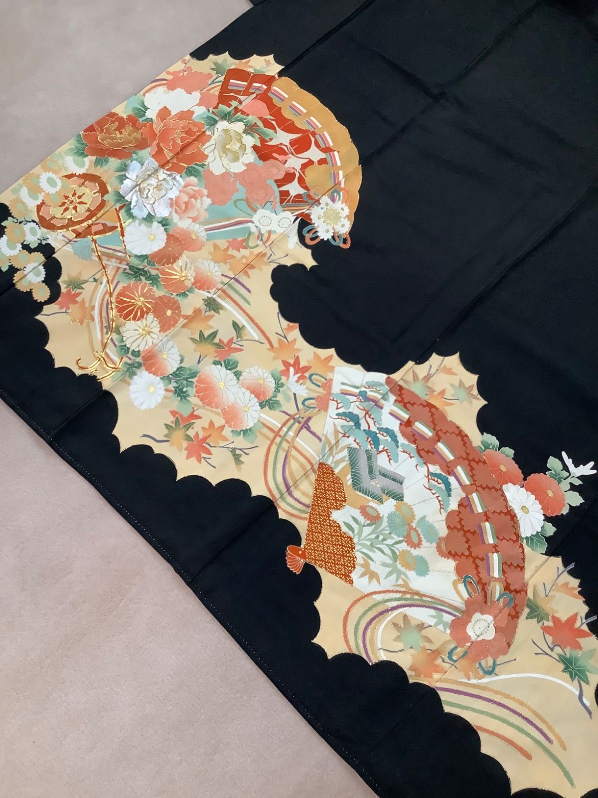 正絹 黒留袖 リメイク用 着物 金駒 刺繍 扇 鶴 梅 3枚セット