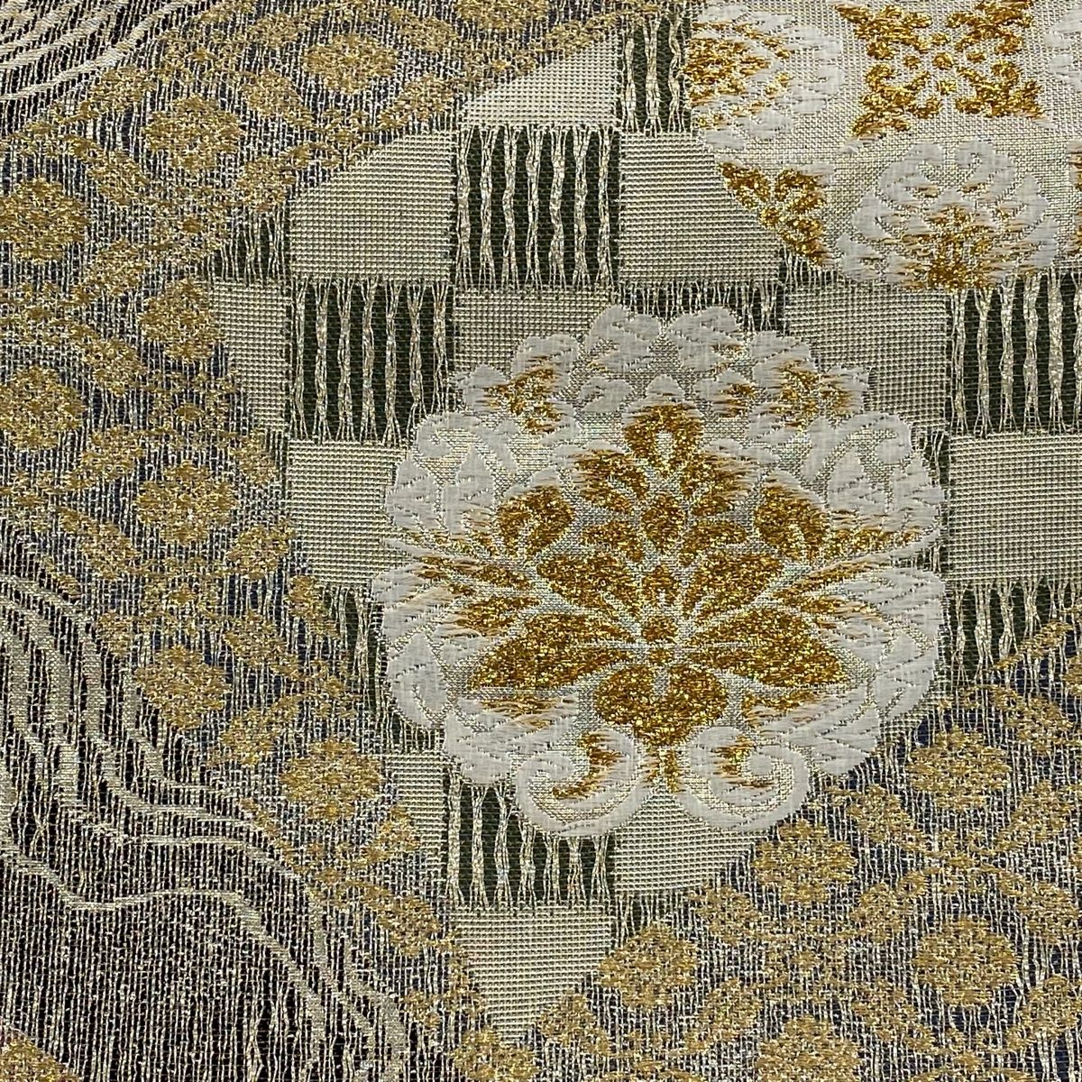 袋帯 秀品 落款 華文 草花 金銀糸 箔 銀色 六通 正絹