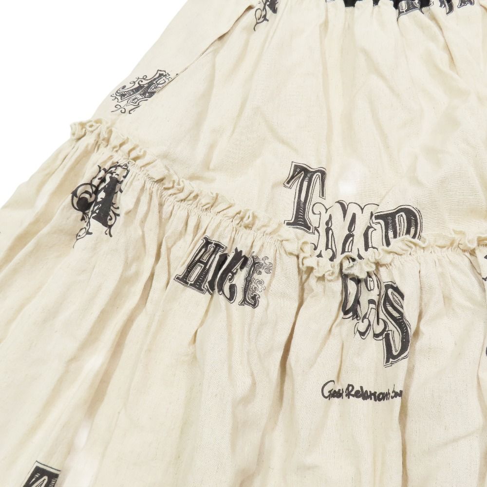 25SS Thomas Magpie トーマスマグパイ Linen PRINT skirt フ スカート ロング ミモレ丈 ゴムウエスト 36 ベージュ 黒 レディース 古着 GULLKHAN_COM