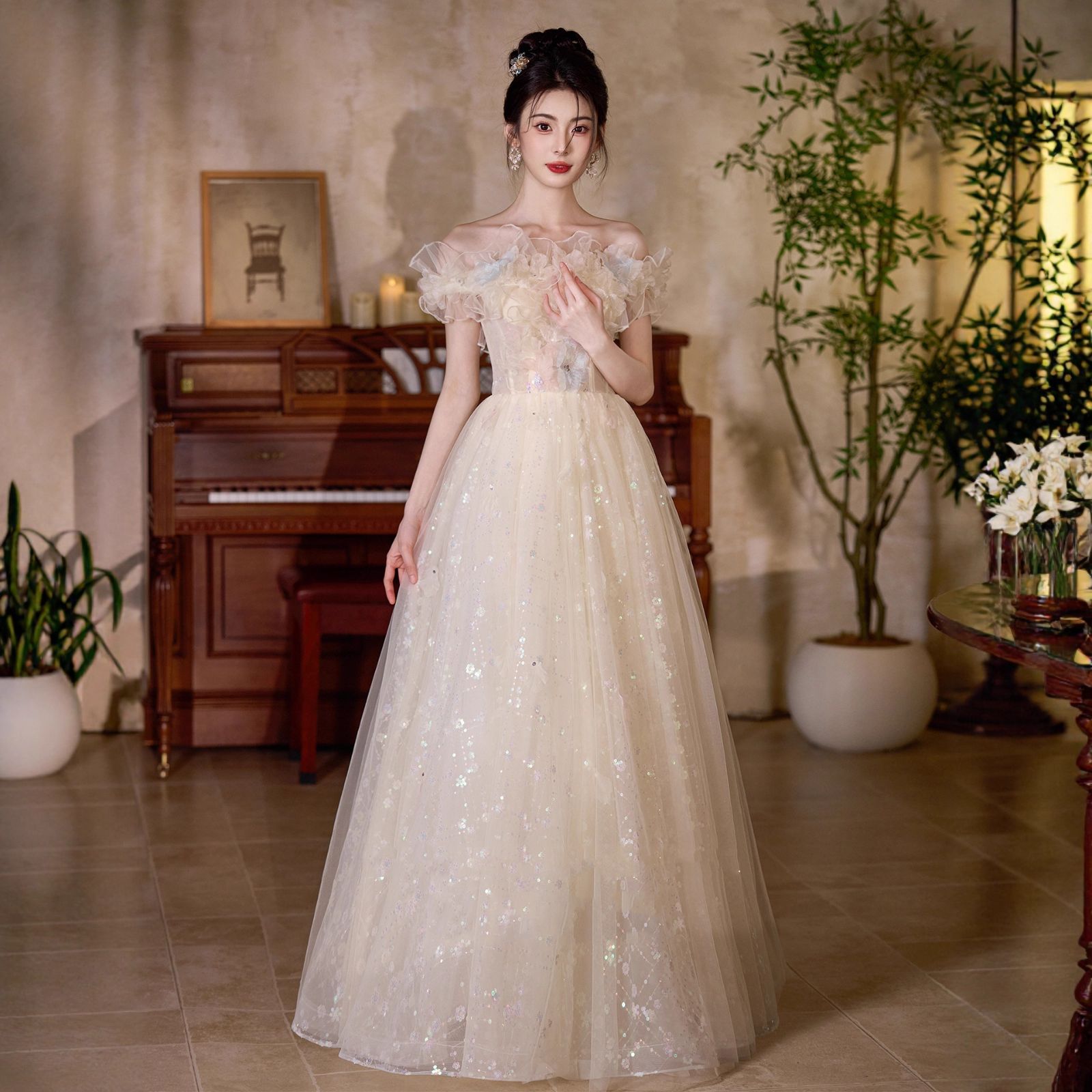 演奏会発表会ゴールドベージュロングドレスSサイズ結婚式二次会撮影に