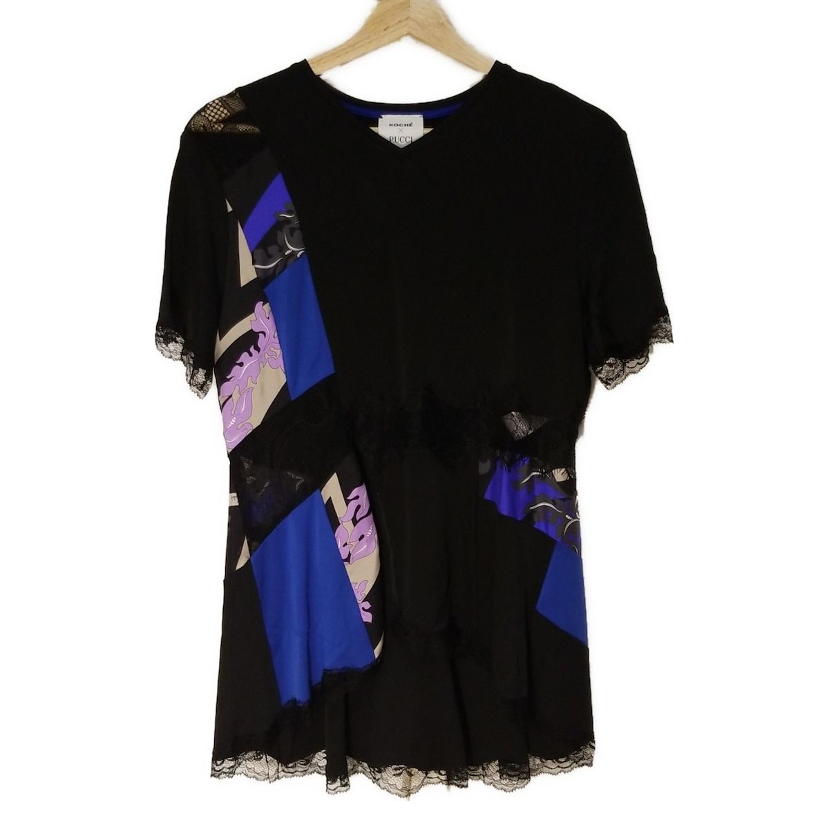 EMILIO PUCCI PUCCI エミリオプッチ 半袖カットソー サイズ42 I レディース - 黒×ブルー×マルチ Vネック