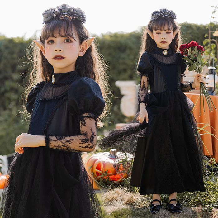 ハロウィン 魔女 女の子 キーズ コスプレ 子供用 ワンピース 女の子 コスチューム仮装衣装 ゾンビドレス 悪魔 ブラック 女王 花嫁 衣装 4点セット 妖怪 お化け屋敷 悪魔 演出服 パフォーマンス服 魔女