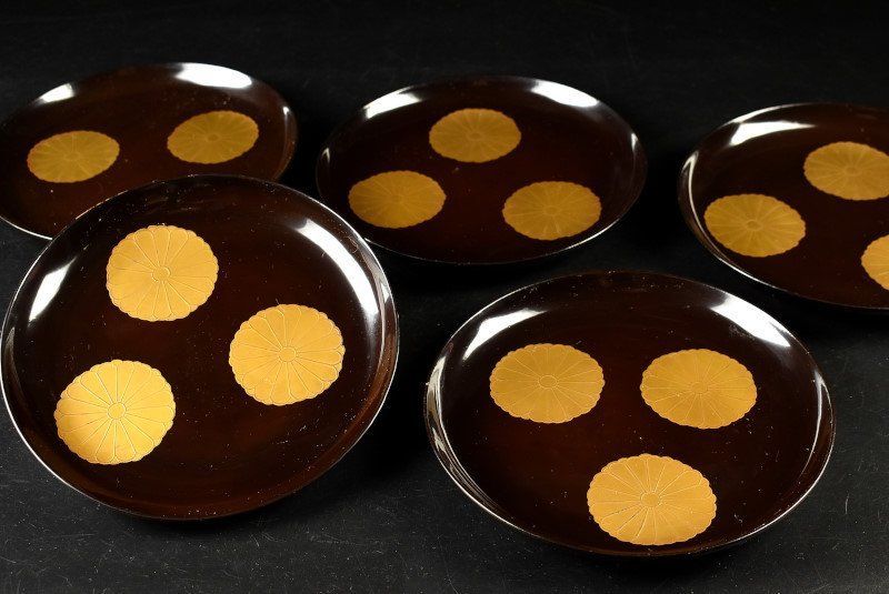 蔵A3600b 時代 十六葉菊文蒔絵 菓子皿 木皿 五客