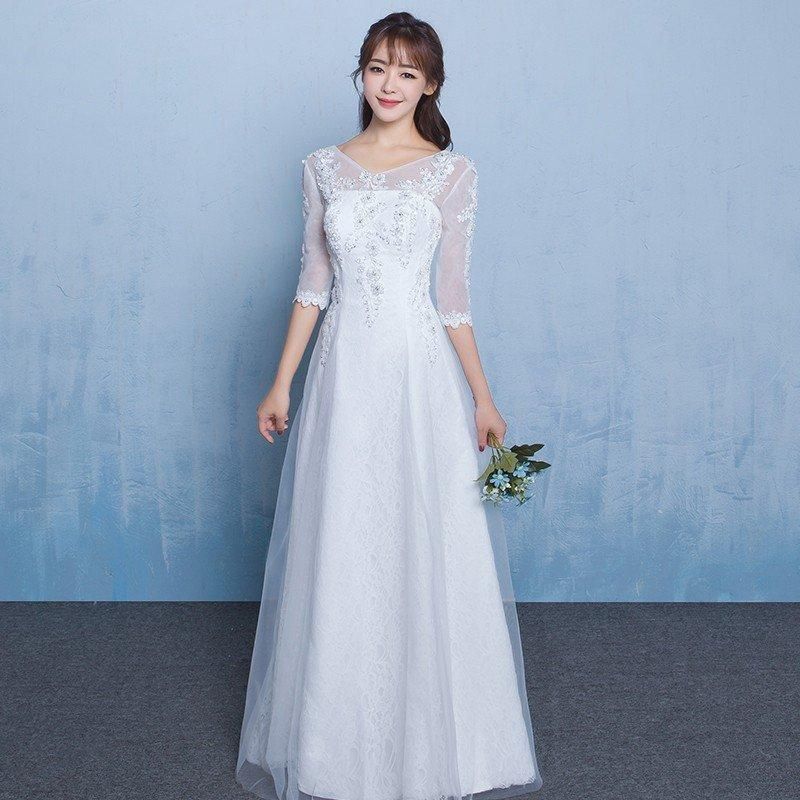 ウエディングドレス ウェディングドレス aライン 白 安い 袖あり 上品 花嫁 結婚式 パーティードレス 二次会 ブライダル ロングドレス イブ