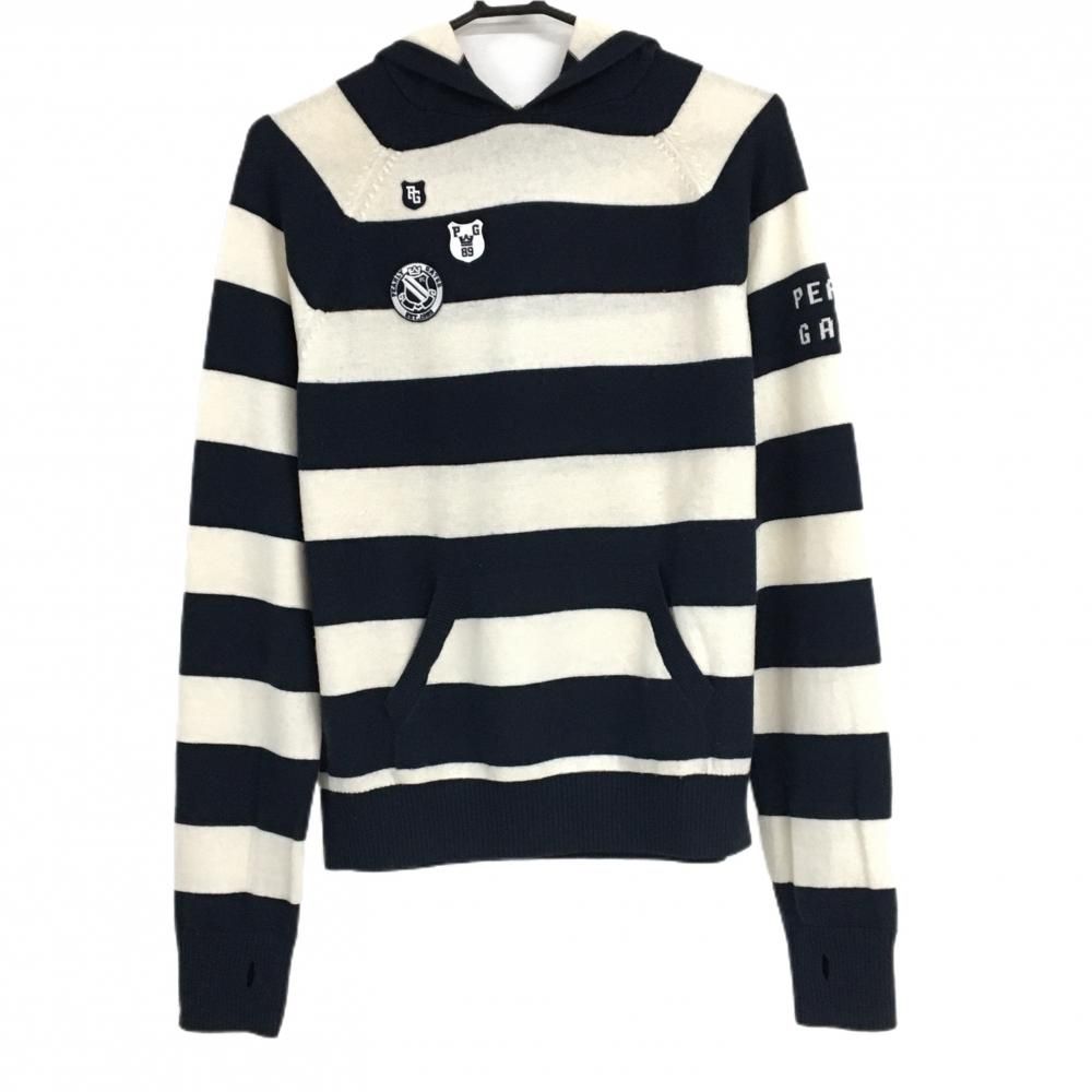 パーリーゲイツ ニットパーカー 白×ネイビー ボーダー カシミヤ混 サムホール レディース 2 L ゴルフウェア PEARLY GATES