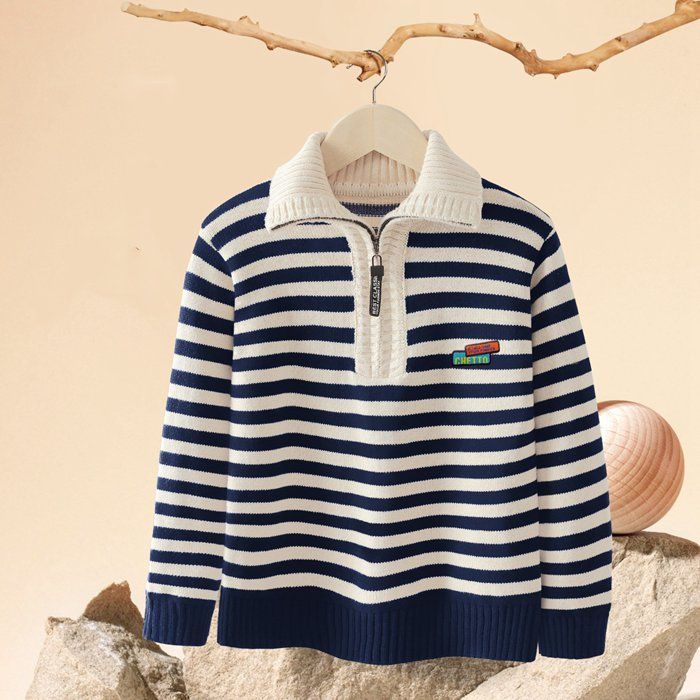 ニットセーター 子供服 長袖 キッズ 男の子 トップス ニット 上着 暖い モックネック 厚手 ハーフジップ トレーナー ストライプ柄 防寒 保温 おしゃれ 普段着 誕生日 秋物 秋冬 冬物 暖かい qC