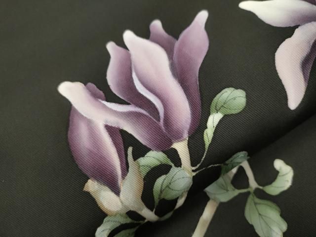 平和屋着物●塩瀬　九寸名古屋帯　手描き　枝花文　黒地　正絹　逸品　CAAV7151hy 平和屋着物○塩瀬 九寸名古屋帯 手描き 枝花文 黒地 正絹 逸品