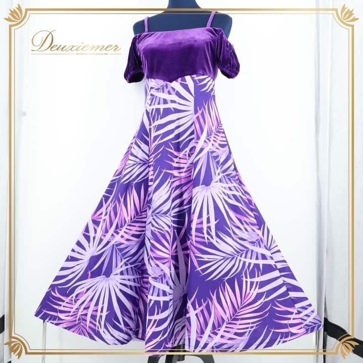 フラダンス 衣装 ワンピース ドレス パープル系 u ino! フラ ダンス ヤシ柄 ベロア 鮮やか 華やか 光沢 感 オフショルダー ハワイ製 ハワイアン アロハ ハワイアンプリント uino