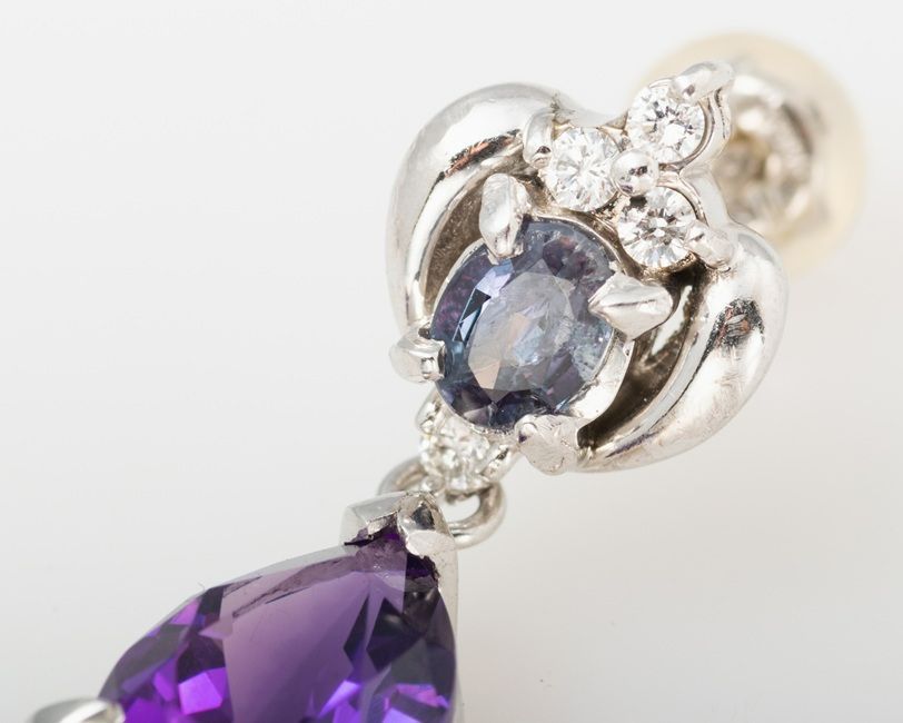Pt900 アレキサンドライト アメジスト ダイヤモンド スイングピアス 品番a23-412