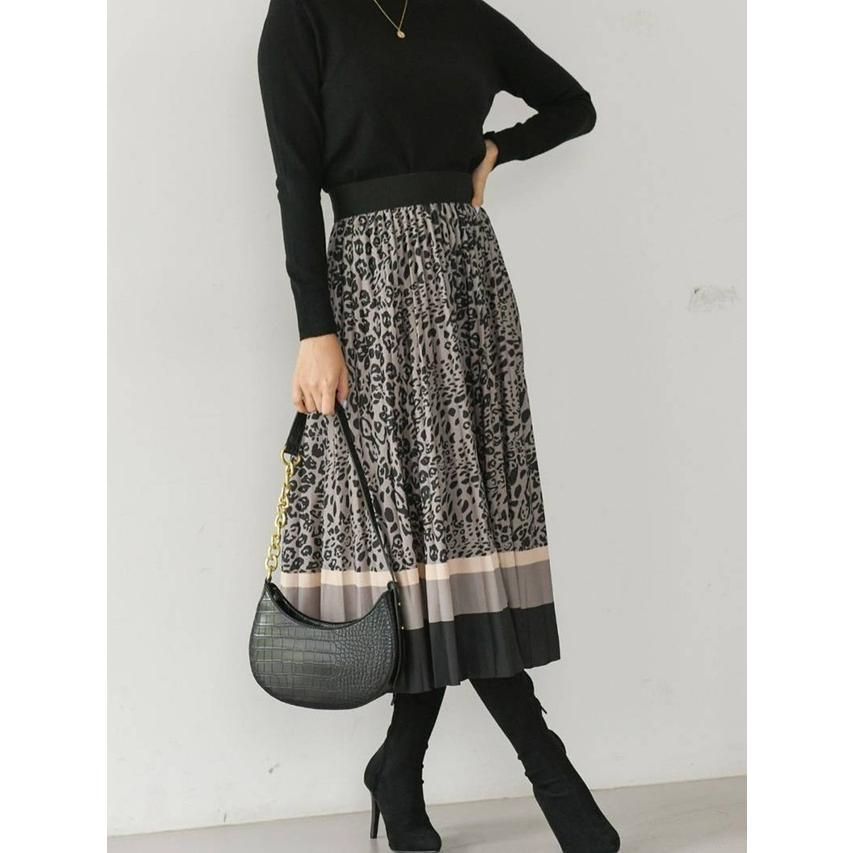 Sugar シュガー スカート ヒョウ柄 膝丈 レオパード柄 プリーツ フ 秋 冬 春 ひざ丈 グレー 送料無料
