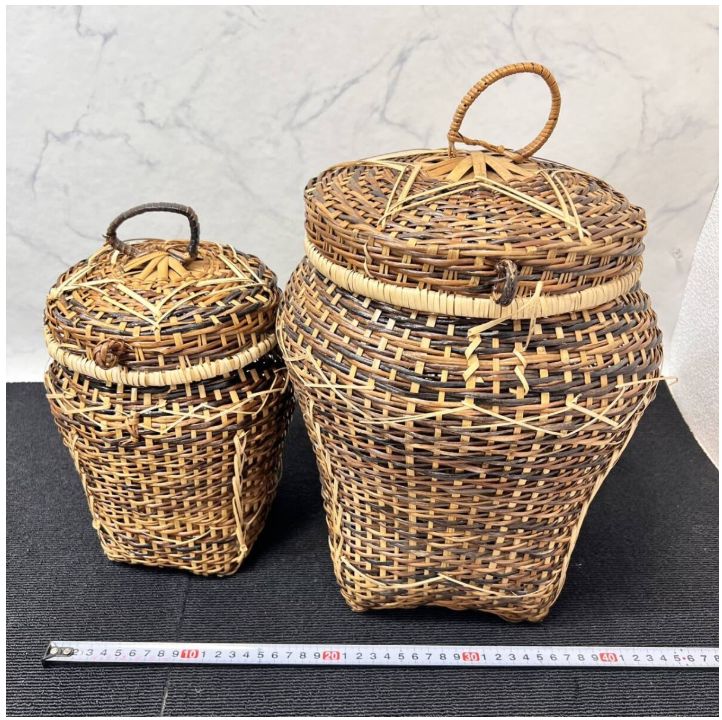 送料出品 蓋つきバスケット 2個セット 編み物 手工芸 民芸 レトロ アンティーク