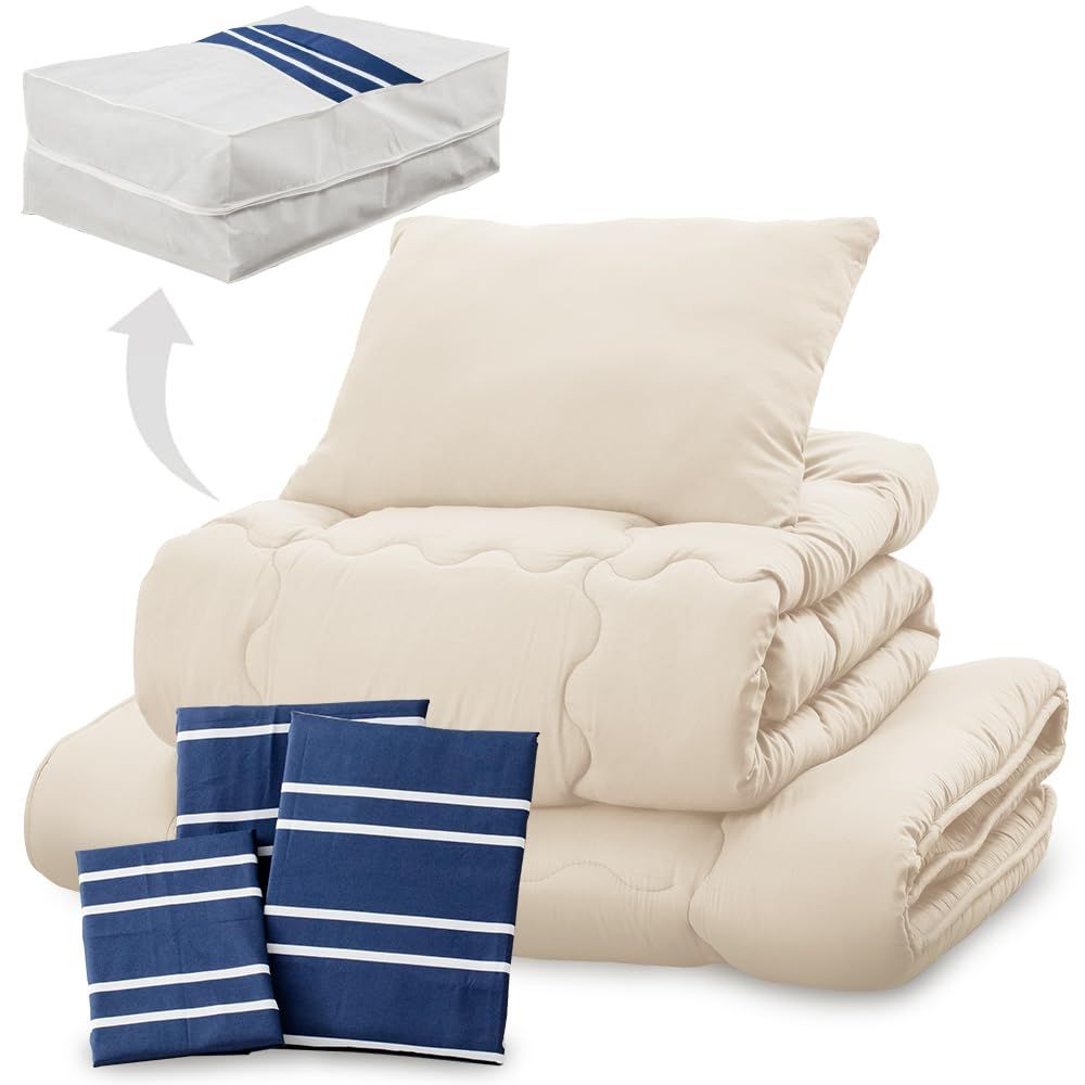 迅速発送 アイリスプラザ すぐ使える布団7点セット シングル 抗菌防臭 すっきり収納ケース付き しっとりなめらかピーチスキン加工 掛け布団 敷布団 枕 各カバー付き ボーダーネイビー