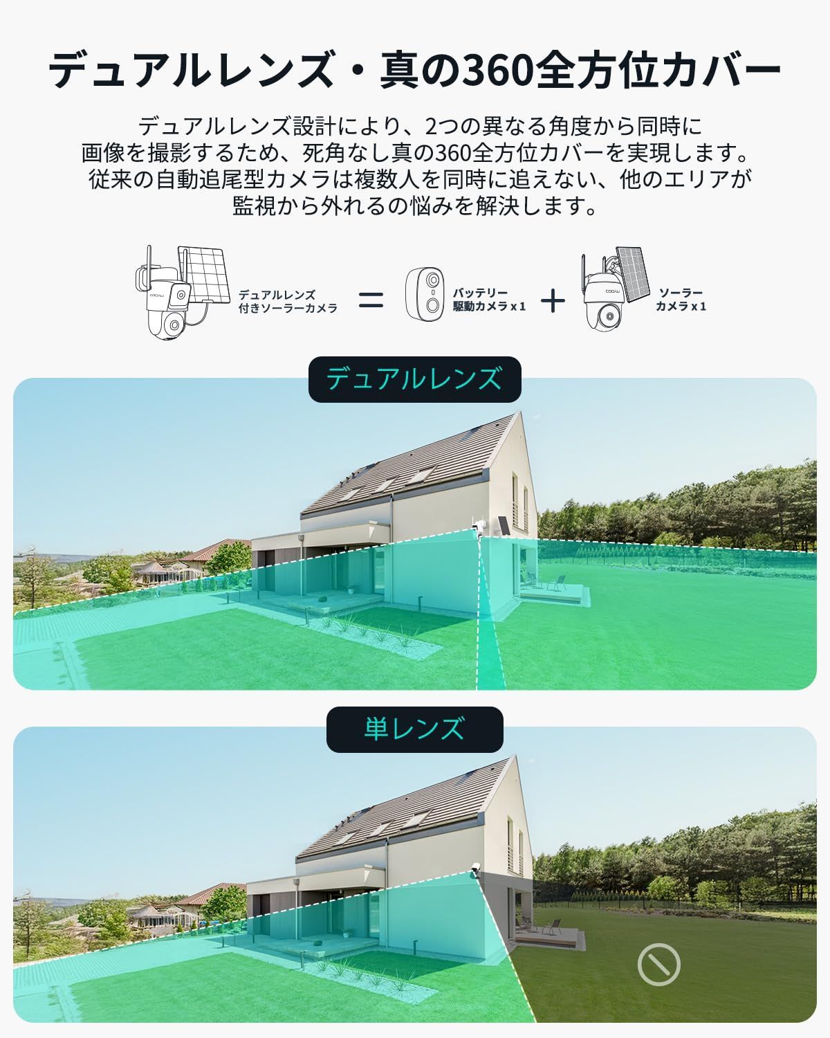 同時記録 再生 真の360全方位カバー COOAU 防犯カメラ 屋外 ソーラー 電池式 5W高効率太陽光充電 大容量バッテリー長持ち 電源不要 工事不要 簡単設置 監視カメラ 300万画素 人感センサー 360度広角撮影 玄関 戸建て 家庭用 業務用