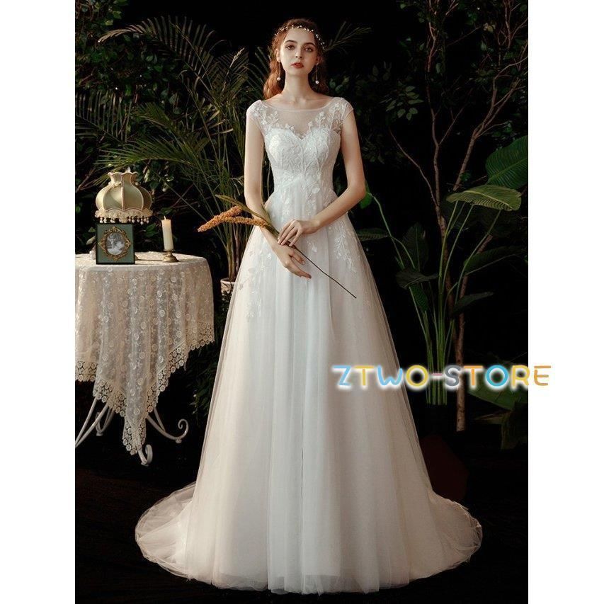 ウエディングドレス 白 結婚式 二次会 花嫁 ドレス ロングドレス トレーン 刺繍 チュール ハイウエスト エンパイアライン Aライン 大きいサ