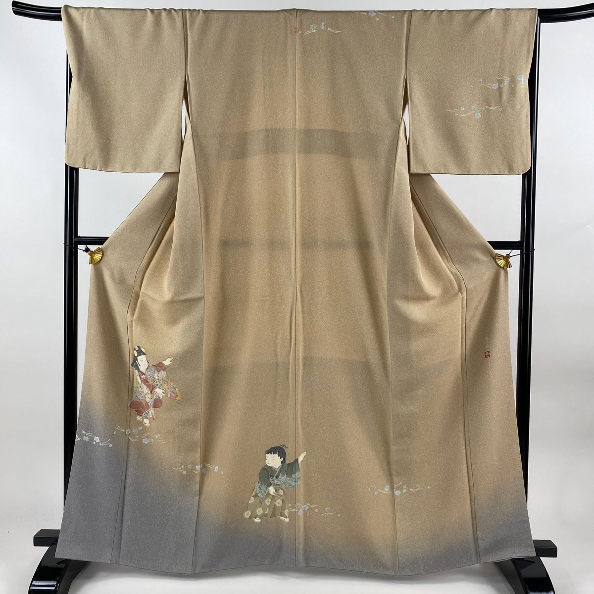 訪問着 身丈163cm 裄丈68.5cm L 袷 落款 童 吹き寄せ ぼかし 薄茶色  