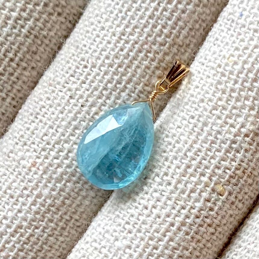 14kgf 大粒 宝石質 アクアマリン チャーム ネックレス ペンダント